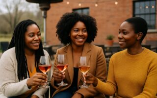 Three Black women enjoying wine on a heated patio in early spring, seated on wicker furniture with soft lighting, smiling and sharing conversation