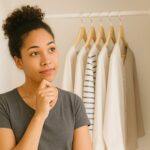 Black woman looking at full closet with thoughtful expression, soft lighting