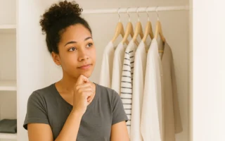 Black woman looking at full closet with thoughtful expression, soft lighting