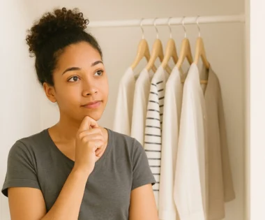 Black woman looking at full closet with thoughtful expression, soft lighting