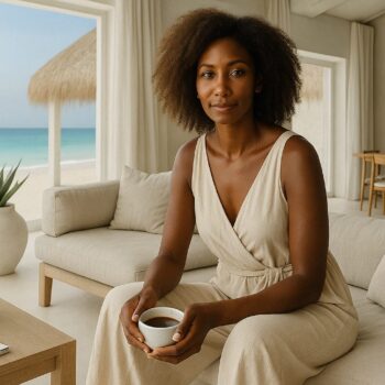 A stylish Black woman with natural hair sits in a sunlit beachfront resort, holding a cup of coffee and wearing a cream wrap dress in a neutral-toned minimalist space.