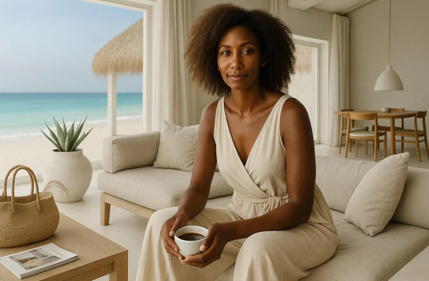 A stylish Black woman with natural hair sits in a sunlit beachfront resort, holding a cup of coffee and wearing a cream wrap dress in a neutral-toned minimalist space.