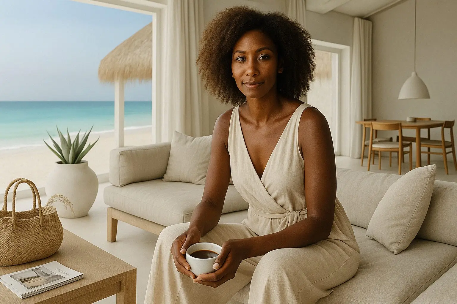 A stylish Black woman with natural hair sits in a sunlit beachfront resort, holding a cup of coffee and wearing a cream wrap dress in a neutral-toned minimalist space.