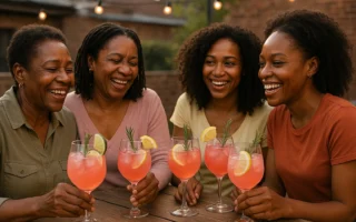 Black women of mixed ages enjoying spring cocktails on a patio at dusk