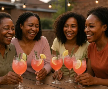 Black women of mixed ages enjoying spring cocktails on a patio at dusk
