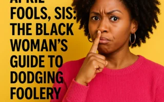 Black woman in pink sweater playfully skeptical about April Fools
