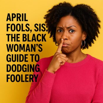 Black woman in pink sweater playfully skeptical about April Fools