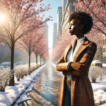 Confident Black woman standing on snowy street with blooming cherry blossoms
