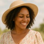 Black woman with natural curls and grey streak wearing a flowing cream dress and straw hat smiling on the beach under sunlight