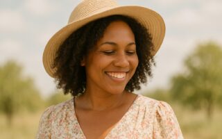Black woman with natural curls and grey streak wearing a flowing cream dress and straw hat smiling on the beach under sunlight