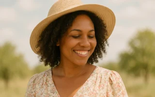 Black woman with natural curls and grey streak wearing a flowing cream dress and straw hat smiling on the beach under sunlight