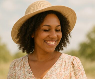 Black woman with natural curls and grey streak wearing a flowing cream dress and straw hat smiling on the beach under sunlight