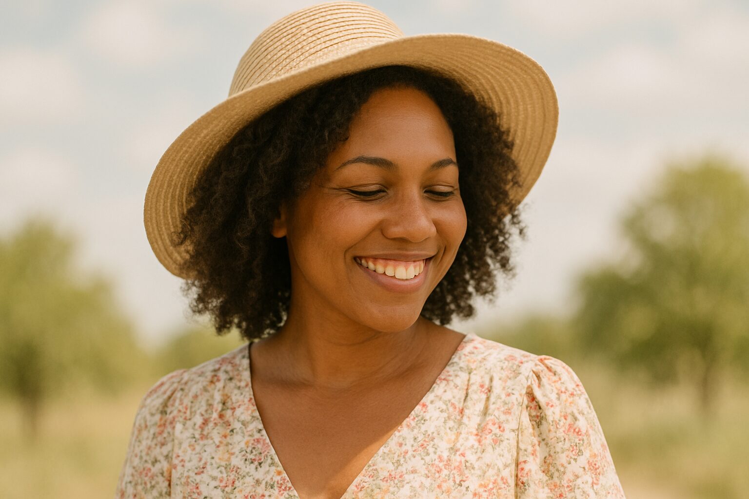 Black woman with natural curls and grey streak wearing a flowing cream dress and straw hat smiling on the beach under sunlight