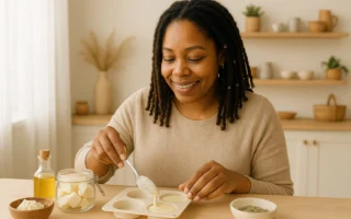 A Black woman in her 30s or 40s creating her own natural hair bars in a minimalist, cozy kitchen. Natural hair in twists or afro puff. Expressions should be focused or joyful—not posed. Include natural ingredients like shea butter, coconut oil, and herbs visible in bowls or jars.
