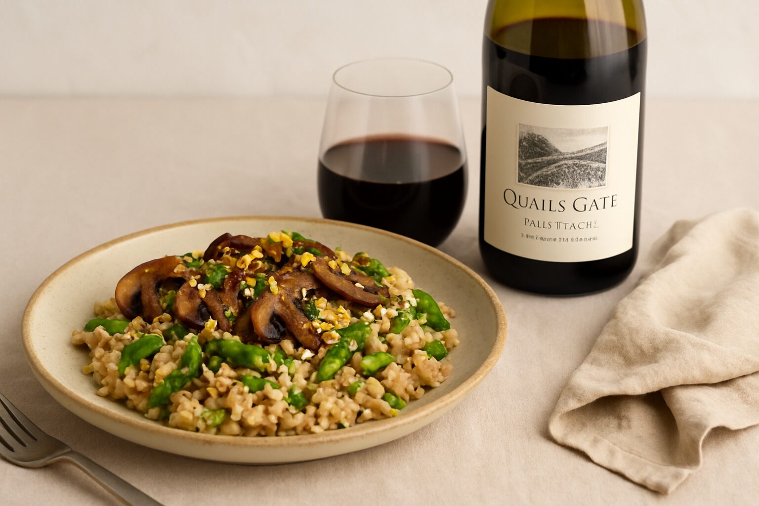 A plate of African-inspired mushroom risotto with spring vegetables, paired with a glass and bottle of Quails' Gate Pinot Noir on a light neutral background.