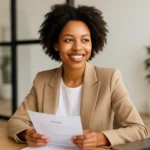 Confident Black woman reviewing her resume before a job interview