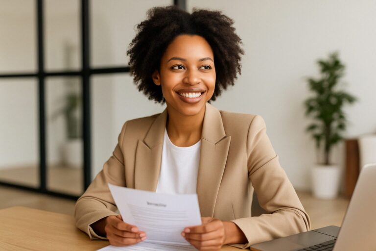 Confident Black woman reviewing her resume before a job interview