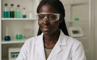 Young Black girl wearing lab coat and safety goggles working in a laboratory, representing International Girls in ICT Day