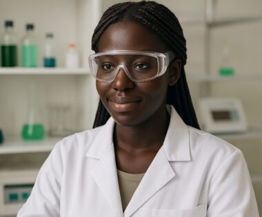 Young Black girl wearing lab coat and safety goggles working in a laboratory, representing International Girls in ICT Day