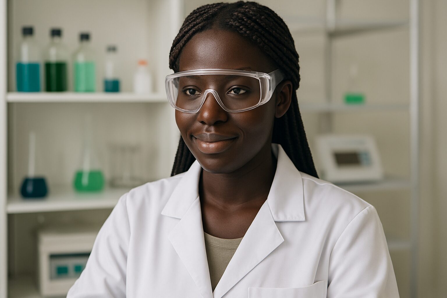Young Black girl wearing lab coat and safety goggles working in a laboratory, representing International Girls in ICT Day