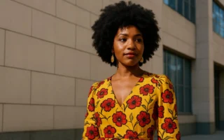 A confident young Black woman with a natural afro wearing a yellow floral dress standing in sunlight in front of a modern building.