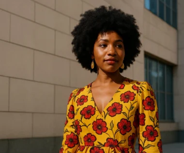 A confident young Black woman with a natural afro wearing a yellow floral dress standing in sunlight in front of a modern building.