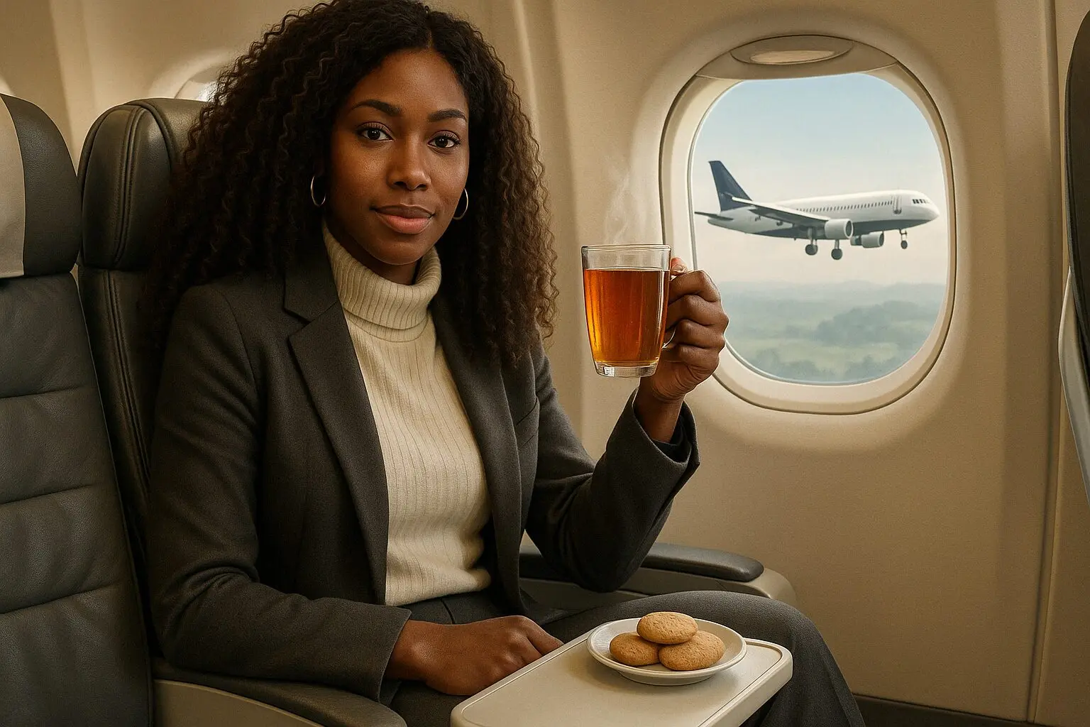 Black woman on an airplane holding ginger tea and crackers, looking relaxed and well