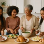 Four Black women of varying ages and hair styles preparing an Easter meal together in a bright, airy kitchen