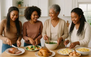 Four Black women of varying ages and hair styles preparing an Easter meal together in a bright, airy kitchen