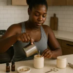 Black woman making a candle at home in a peaceful, sunlit space with natural materials