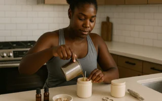 Black woman making a candle at home in a peaceful, sunlit space with natural materials
