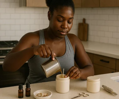 Black woman making a candle at home in a peaceful, sunlit space with natural materials