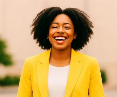 Black woman smiling confidently outdoors in a yellow blazer, with natural hair and a soft, blurred background