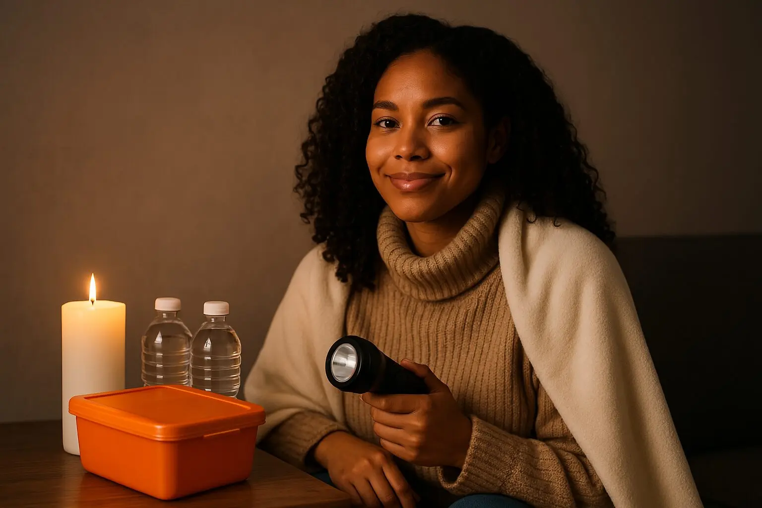 A calm and confident Black woman sitting in a cozy room lit by candlelight during a power outage, holding a flashlight with emergency supplies nearby.