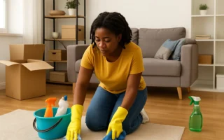 Black woman deep-cleaning small urban apartment