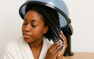 Black woman deep conditioning natural hair at home with steamer