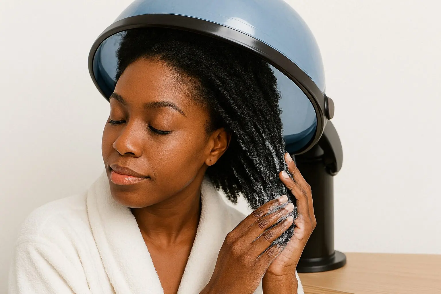 Black woman deep conditioning natural hair at home with steamer