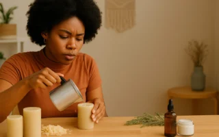 Black woman making DIY candles at home with natural materials