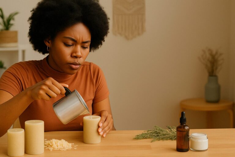 Black woman making DIY candles at home with natural materials