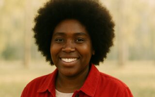 Smiling Black woman with afro and red jacket outdoors in spring