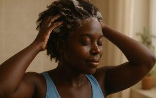 A young Black woman with dark skin gently washing her curly natural hair, smiling softly while using a sulfate-free shampoo in a warmly lit bathroom.