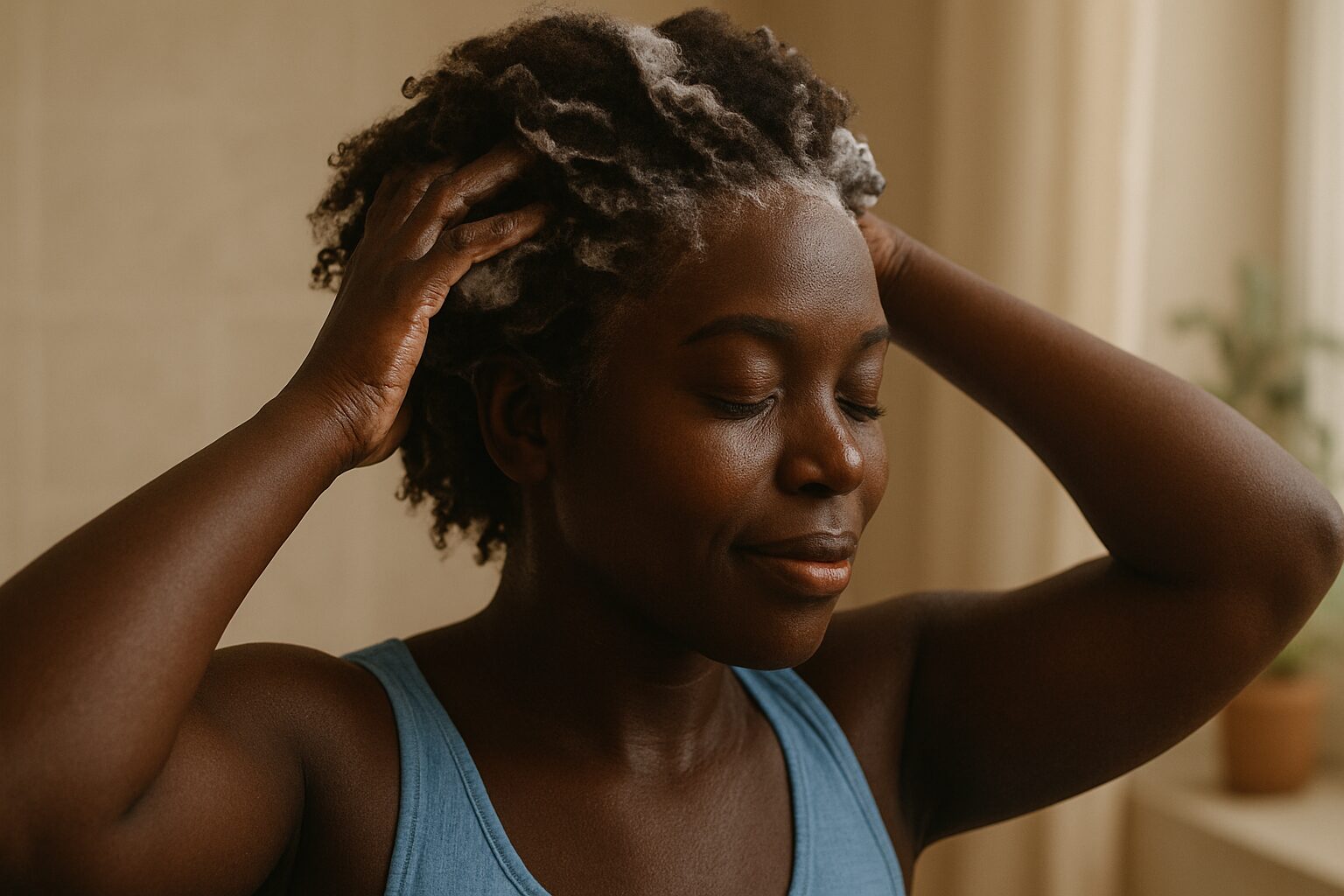 A young Black woman with dark skin gently washing her curly natural hair, smiling softly while using a sulfate-free shampoo in a warmly lit bathroom.
