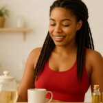 Black woman preparing herbal tea and oils at home in a bright kitchen