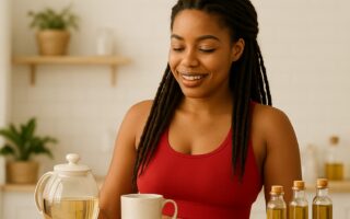 Black woman preparing herbal tea and oils at home in a bright kitchen