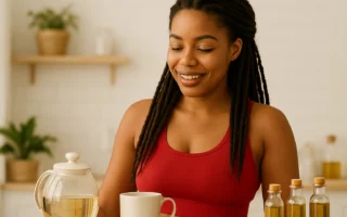 Black woman preparing herbal tea and oils at home in a bright kitchen