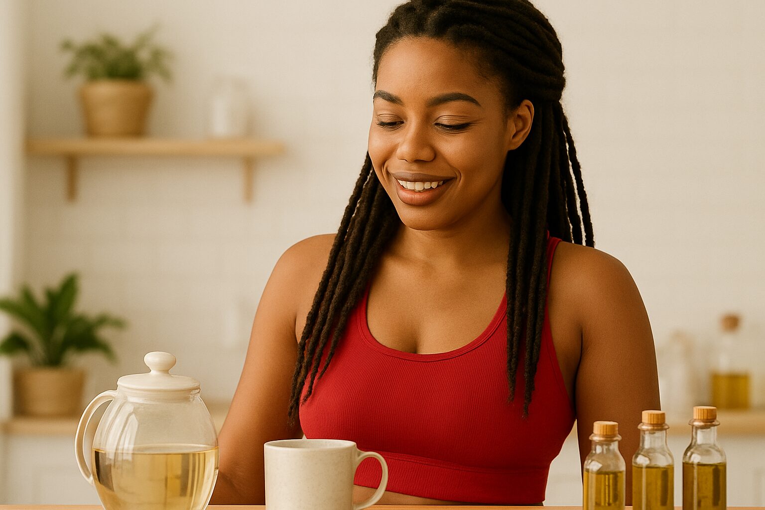 Black woman preparing herbal tea and oils at home in a bright kitchen