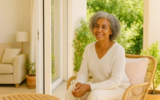 African-American woman with salt-and-pepper hair sitting on a sunlit patio, enjoying the seamless indoor-outdoor space.