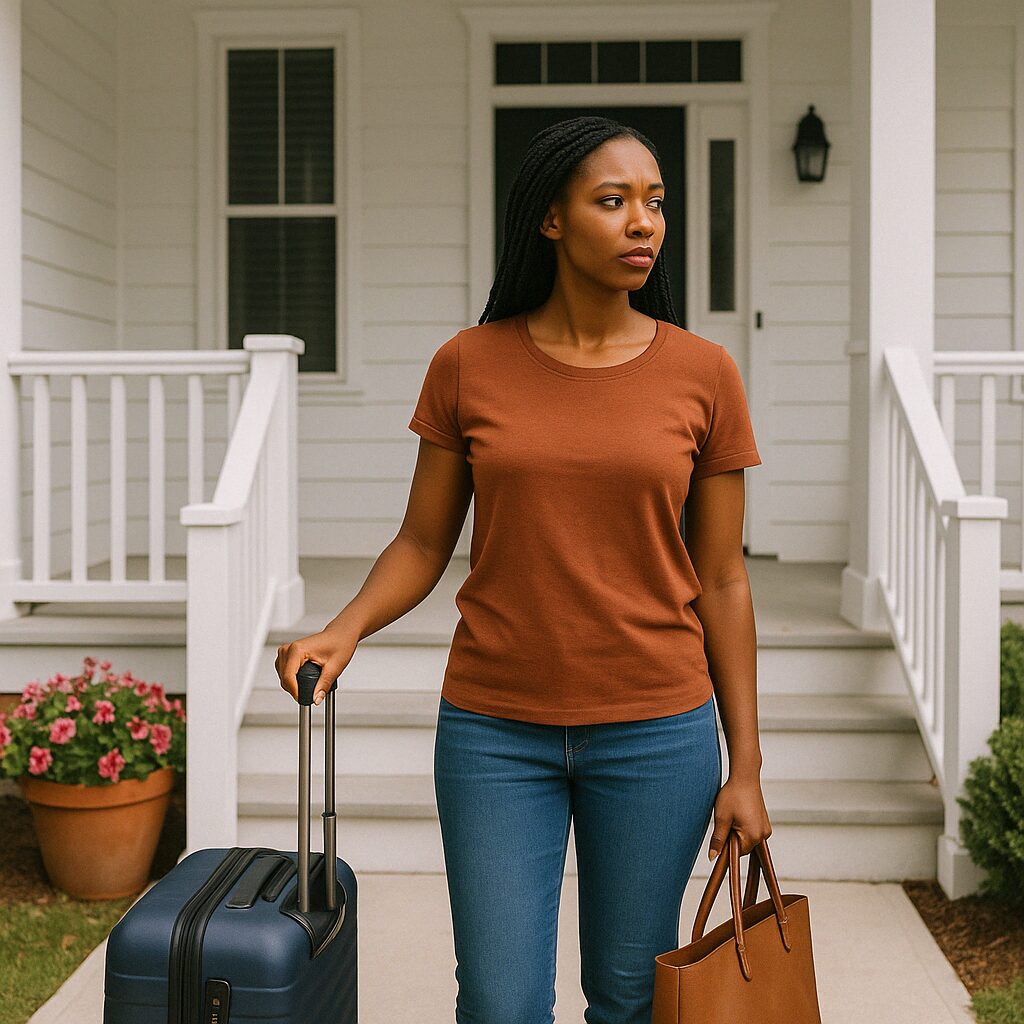 A confident Black woman standing in front her porch with luggage, leaving a relationship behind and reclaiming her peace.