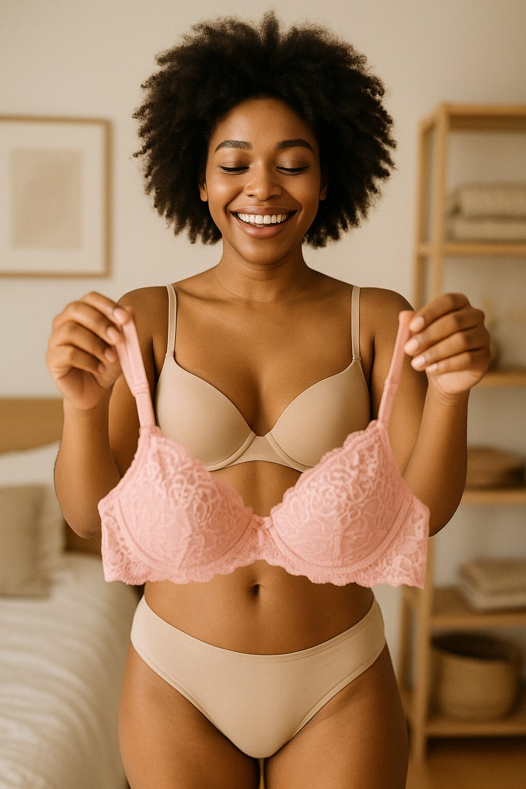 Woman admiring herself in the mirror while wearing a simple, elegant bralette.