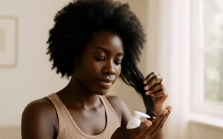 black woman with natural hair moisturizing her hair